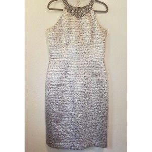 Maggy London Womens Ivory Gold Tweed Sleeveless Jeweled Sheath Dress Size 14